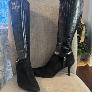 Max de Carlo Italian Leather Knee-High Boots Black Suade Croc Embossed Size 8
